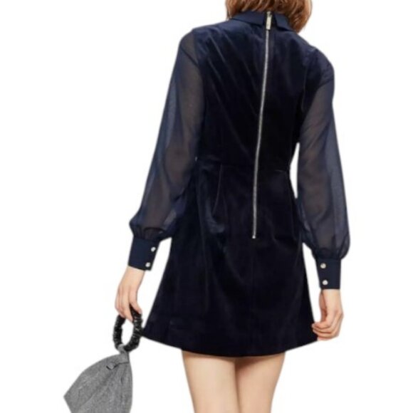 Ted Baker navy blue velvet sheer sleeves A-line flare skirt collar dress size 10 - Picture 5 of 12